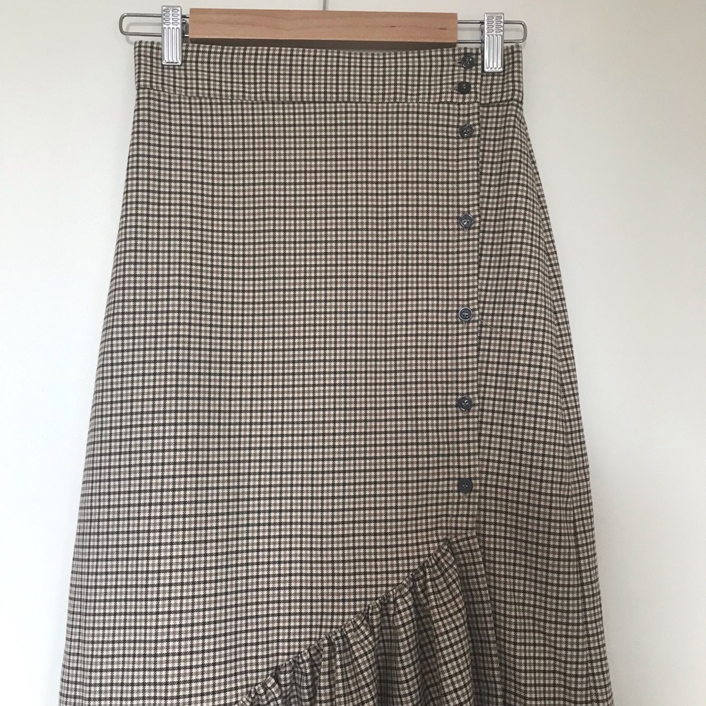 Zara Woman Sml High Waisted Button Side Fishtail Asymmetrical Skirt Plaid - Picture 3 of 11